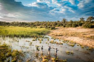 Makumu Private Game Lodge في محمية كلاسيري الطبيعية الخاصة: مجموعة من الناس يمشون على النهر