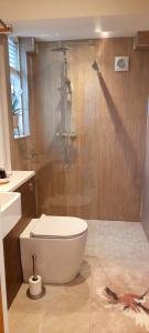 uma casa de banho com um chuveiro e um WC branco em Quaint little guest suite with private parking em Newport
