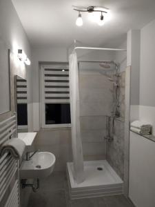 y baño con ducha y lavamanos. en Apartmán One To One en Štúrovo