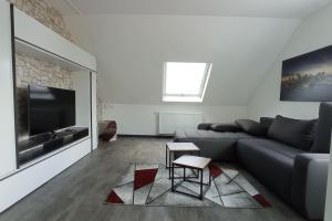 a living room with a couch and a tv at Ferienwohnung Regia Fulda - Künzell - Bachrain in Fulda