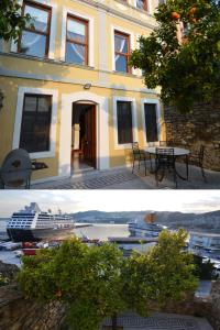 deux photos d'un bâtiment avec un navire de croisière dans l'établissement Amina Hanem Boutique Apartments, à Kavala