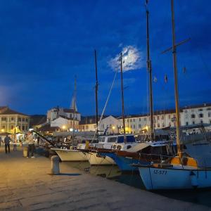 un groupe de bateaux amarrés dans un port la nuit dans l'établissement Apartma Seaya, à Izola
