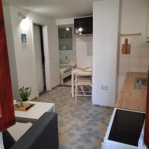 Il comprend un salon avec un canapé, une cuisine et une table. dans l'établissement Apartma Seaya, à Izola 10 autres photos