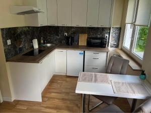 mała kuchnia z białymi szafkami i stołem w obiekcie Apartament Dworcowa w Olsztynie