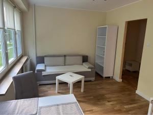 salon z kanapą i stołem w obiekcie Apartament Dworcowa w Olsztynie