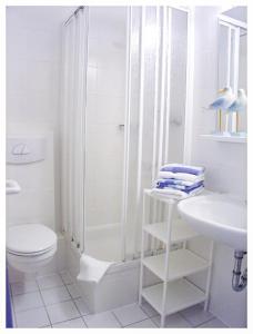 e bagno con doccia, servizi igienici e lavandino. di Haus Götting Wohnung 2 a Norderney
