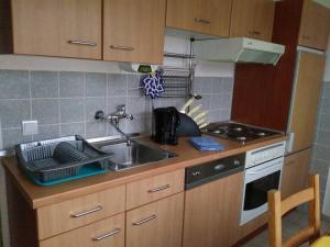 a kitchen with a sink and a stove and a sink at Ferienwohnung Finn im Haus Maarten in Cuxhaven