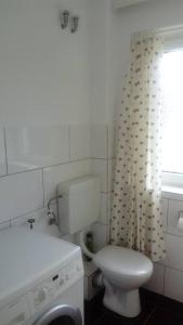 y baño con aseo y cortina de ducha. en Ferienwohnung Finn im Haus Maarten en Cuxhaven