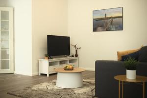 a living room with a couch and a tv at City Center 2-rooms apartment in Vaasa