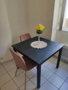 uma mesa preta com um vaso de flores em Gap, appartement calme au coeur de la vielle ville em Gap