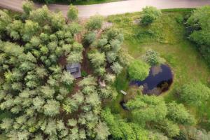 an aerial view of a house in the forest at Private cosy forest cabin in Inturkė