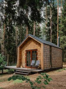 a small wooden cabin with two chairs in a forest at Private cosy forest cabin in Inturkė
