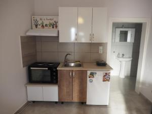 a small kitchen with a sink and a refrigerator at Apartments dimitra in Kanallákion