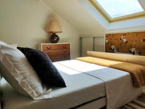 a bedroom with a large bed with a skylight at Maison confortable à Lens proche du centre et du stade in Lens