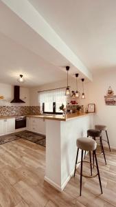 a kitchen with a counter and stools in a room at Vila RAIRA 2 in Barcani