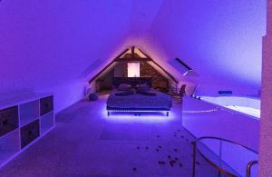 um quarto roxo com uma cama e uma banheira em L'évasion-SPA-Hammam-Sauna Illimité - 2 à 4 pers em Saint-Cyr-sur-Loire