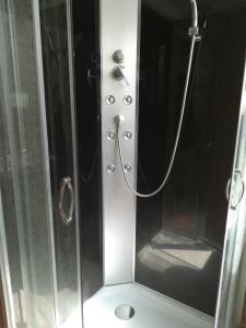 kabinę prysznicową ze szklanymi drzwiami i prysznicem w obiekcie Saltlake apartman w Siófoku