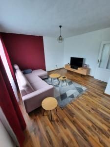 a living room with a couch and a tv at apartman Magnolia in Sarajevo