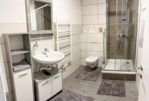 Apartment in Gmunden في غموندين: حمام مع حوض ومرحاض ودش