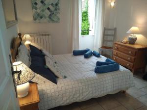 ein Schlafzimmer mit einem Bett mit blauen Kissen darauf in der Unterkunft Les Terrasses, gîtes en Cévennes in Saint-Jean-de-Valériscle
