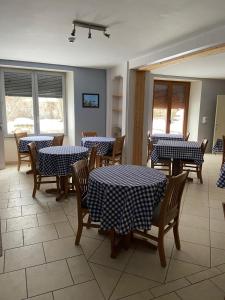 une salle à manger avec des tables et des chaises bleues et blanches dans l'établissement le Châtelet, à La Chaux Neuve