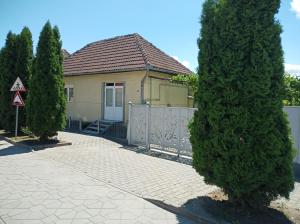 a house with a fence and two trees in front of it at Casa Evanti in Sibiu