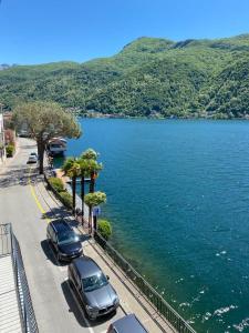 two cars parked on a street next to a body of water at Apartment in erster Seelinie in Morcote in Morcote