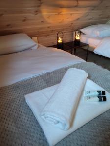a bedroom with two beds with white towels and two lamps at Domki przy plaży in Ryn
