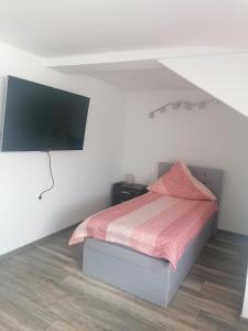 Schlafzimmer mit einem Bett und einem Flachbild-TV in der Unterkunft Ferienwohnung Andreea in Saarlouis