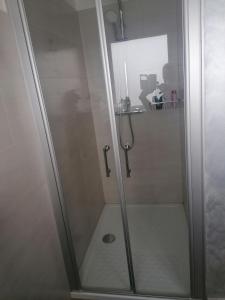 a shower with a glass door in a bathroom at Ferienwohnung Andreea in Saarlouis