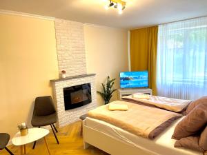sypialnia z łóżkiem i kominkiem w obiekcie Dream Apt Mikulov w mieście Mikulov