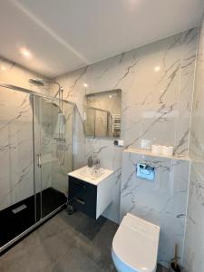a bathroom with a shower and a toilet and a sink at Apartamenty Ostoja in Łeba +29 photos