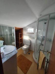 a bathroom with a toilet and a shower and a sink at Cabedelo Beach House in Viana do Castelo