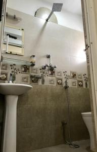 uma casa de banho com um chuveiro, um lavatório e um espelho. em Jacks Inn em Dhulikhel
