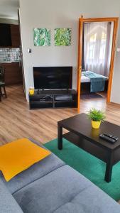 a living room with a couch and a coffee table at Pannonia Apartman in Esztergom