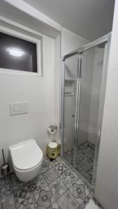 a white bathroom with a toilet and a shower at Morski Val in Piran