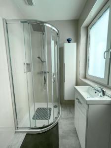 a bathroom with a shower and a sink at Aghadoe Lodge in Killarney