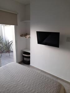 ラファエラにあるDepartamento moderno y luminoso, en planta baja, con patio y excelente ubicaciónのベッドルーム1室(ベッド1台、壁に薄型テレビ付)