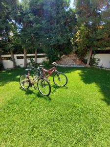 two bikes parked in the grass in a yard at In White Villa in Lagonissi