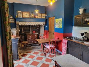 cocina con mesa, sillas y chimenea en Domaine les Pradets en La Bourboule