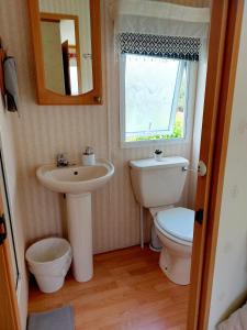 a bathroom with a sink and a toilet and a window at Domek holenderski Sosnowa in Wilkasy