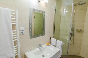 
a bathroom with a shower, sink, and mirror at Anabelle Bed and Breakfast in Budapest

