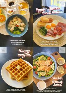 eine Collage mit vier Bildern von Frühstückslebensmitteln auf Tellern in der Unterkunft Marigold Lanna in Chiang Mai
