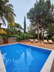 een blauw zwembad met 2 stoelen en bomen bij Casa Rural El Borbullón in Teror