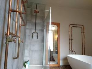 a bathroom with a shower and a sink and a tub at Treventon, 5 bedroom Unique Villa, near PADSTOW in Saint Columb Major