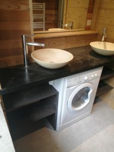een badkamer met een wastafel en een wasmachine bij Appartement les champis in La Bresse