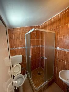 La salle de bains est pourvue d'une douche, de toilettes et d'un lavabo. dans l'établissement Vila Goga, à Ulcinj