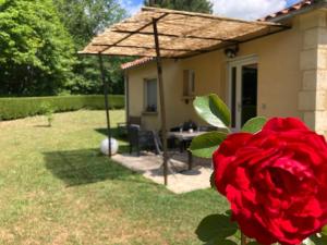 czerwona róża przed domem w obiekcie Gîte des Combes Blanches avec piscine et jacuzzi w mieście Frayssinet-le-Gélat