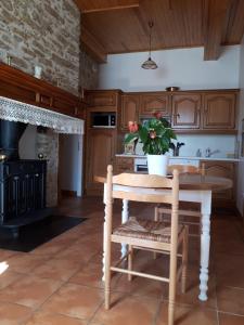 d'une cuisine avec des placards en bois et une table avec une plante. dans l'établissement Bel appartement rénové dans maison bigourdane, à Pouzac