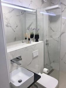 La salle de bains blanche est pourvue d'un lavabo et d'une douche. dans l'établissement Blue View Studio, à Lokva Rogoznica